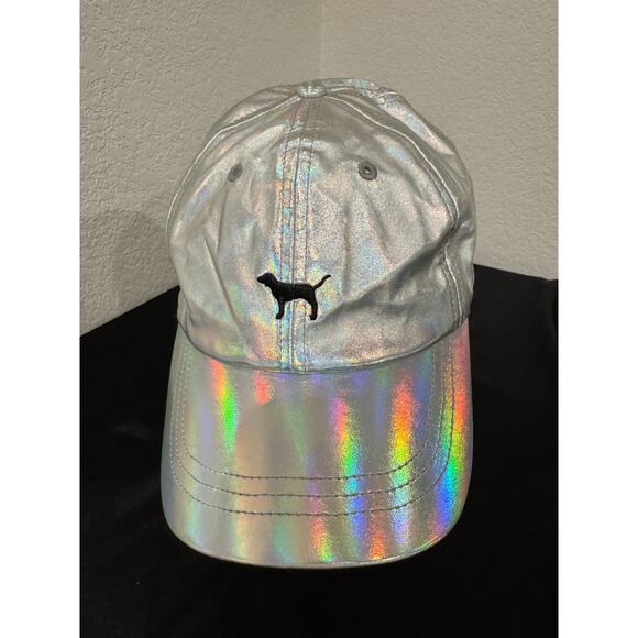 Victoria's Secret Pink Baseball Hat Cap Iridescent Silver OS Dog Embroidered LAB - Picture 1 of 7